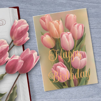 Lovely Bouquet Pink Tulip Flowers Happy Birthday
