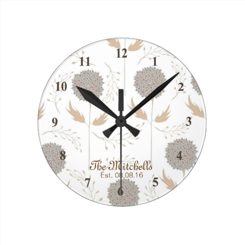Lovely Brown  and Gray Flower printl Round Clock