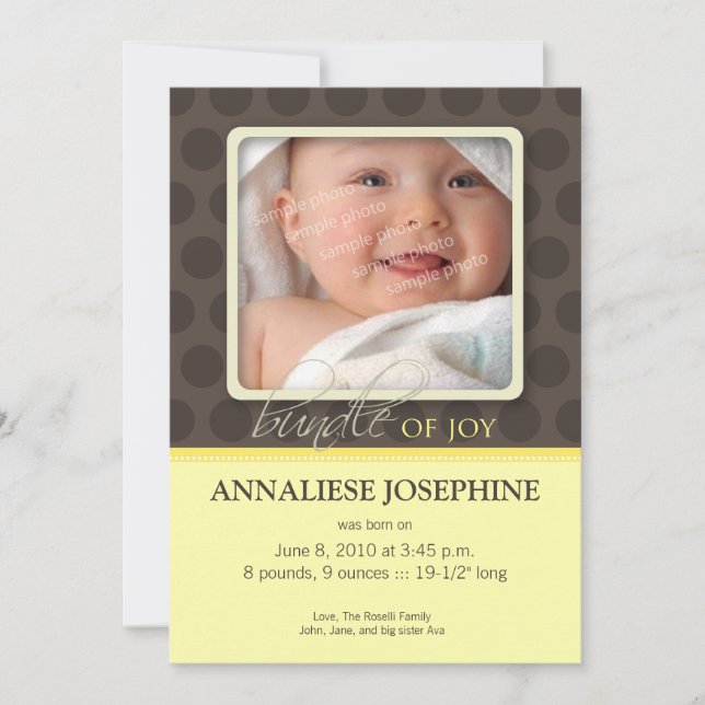 Lovely Bundle of Joy Birth Announcement :: lemon (Front)