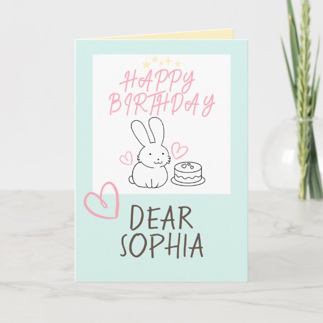 Lovely Bunny Rabbit&Cake Happy Birthday Card (Front)