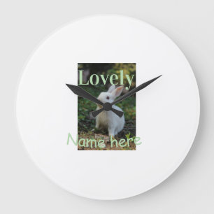 Lovely bunny rabbit pet photo name green pastel large clock