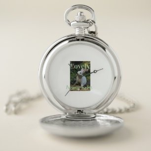 Lovely bunny rabbit pet photo name green pastel  pocket watch