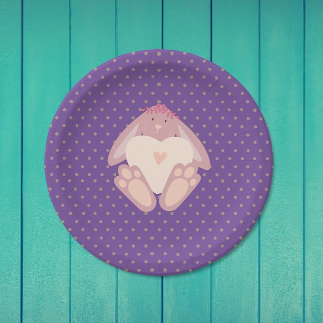 Lovely Bunny With Heart Purple Birthday Party Paper Plates (Creator Uploaded)