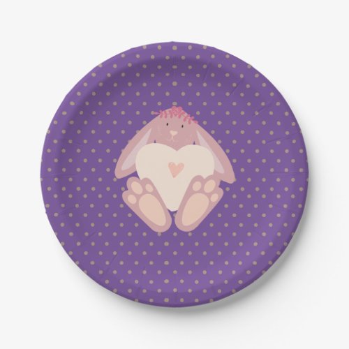 Lovely Bunny With Heart Purple Birthday Party Paper Plates