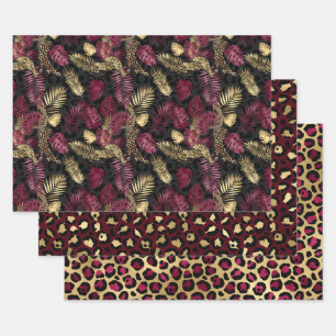 Lovely Burgundy and Gold Leopard Print Wrapping Paper Sheets
