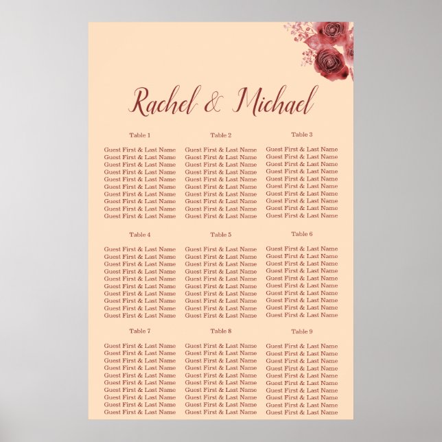 Lovely burgundy and peach floral Wedding Poster (Front)