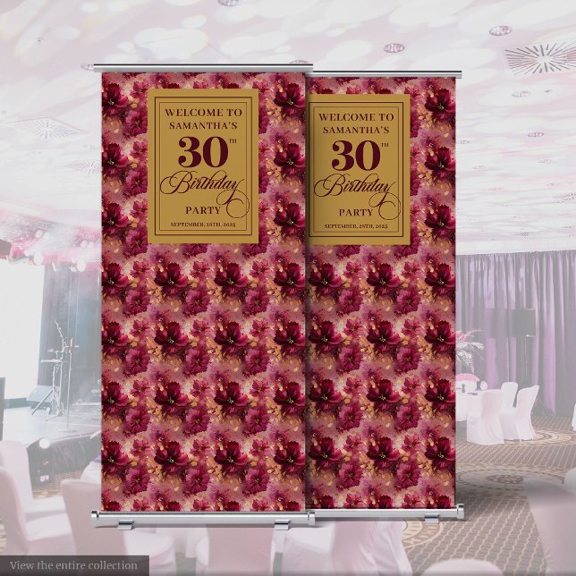 Lovely Burgundy Blush Gold 30th Birthday Party  Retractable Banner (Lovely Burgundy Blush Gold 30th Birthday Party Retractable Banner )