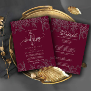 Lovely Burgundy Calligraphy All in One Wedding Invitation