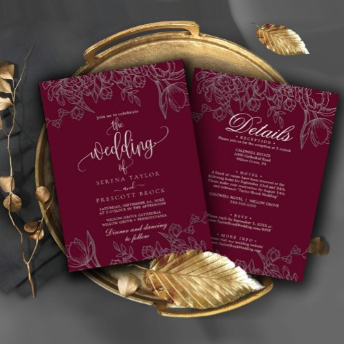 Lovely Burgundy Calligraphy All in One Wedding  Invitation