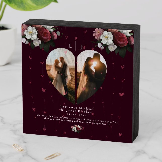 lovely Burgundy Custom Heart shape couples photos Wooden Box Sign (In Situ Horizontal)