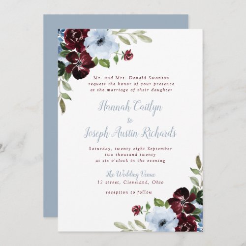 lovely burgundy dusty blue floral wedding invitation