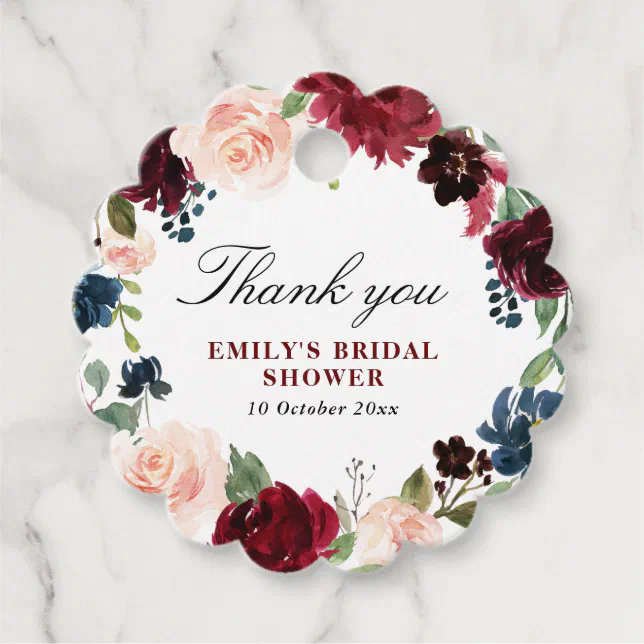 lovely burgundy floral thank you bridal shower favor tags | Zazzle