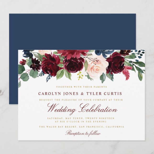 Lovely burgundy navy floral wedding invitation (Front/Back)