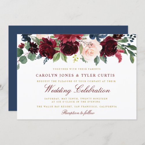Lovely burgundy navy floral wedding invitation