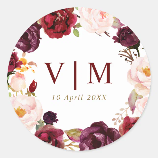 lovely burgundy red floral wedding sticker | Zazzle