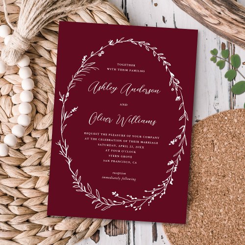 Lovely Burgundy Rustic Wildflower Wreath Wedding Invitation