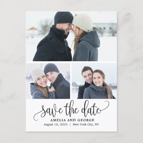 Lovely Calligraphy 3 Photos Save The Date Postcard