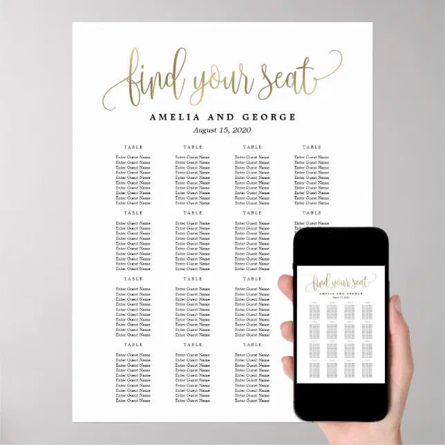 Lovely Calligraphy Faux Gold Seating Chart Poster | Zazzle