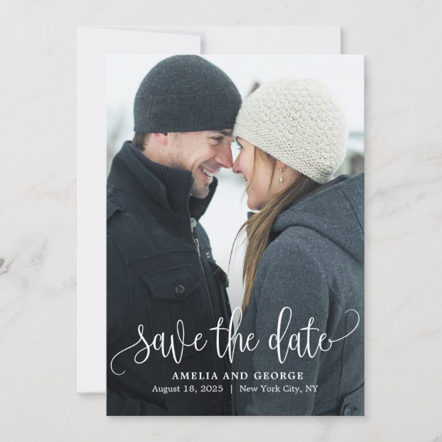 Lovely Calligraphy Photo Save The Date Card (Front)