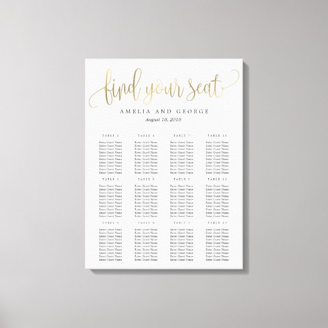 Lovely Calligraphy Seating Chart Canvas Faux Gold Print (Front)