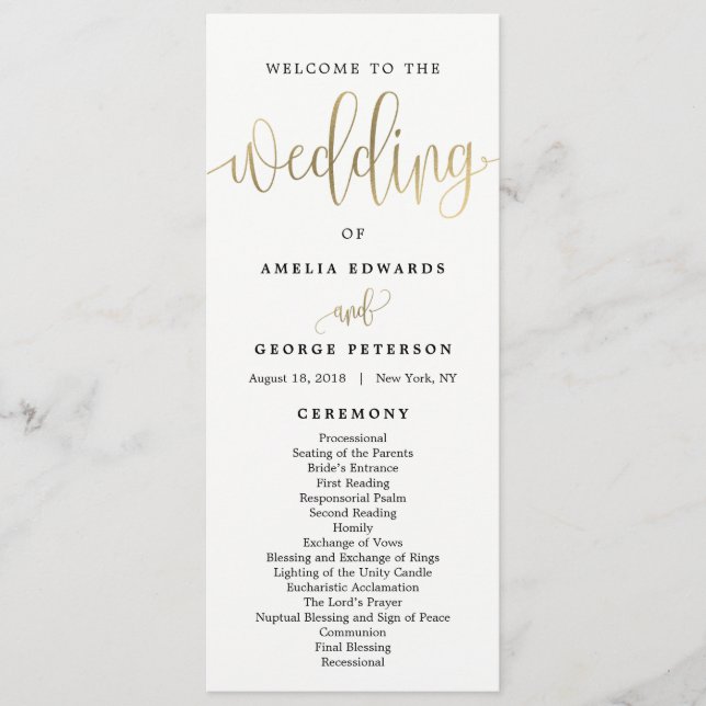 Lovely Calligraphy Wedding Program Faux Gold (Front)