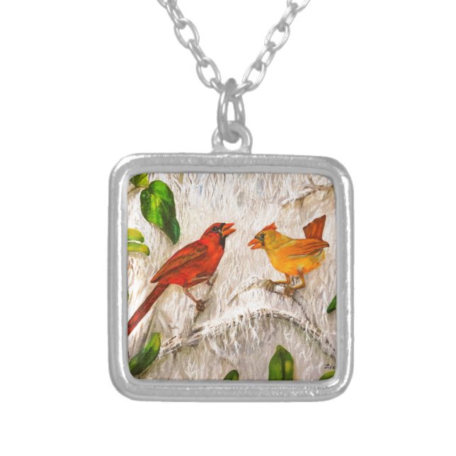 Lovely Cardinal birds Silver Plated Necklace (Front)