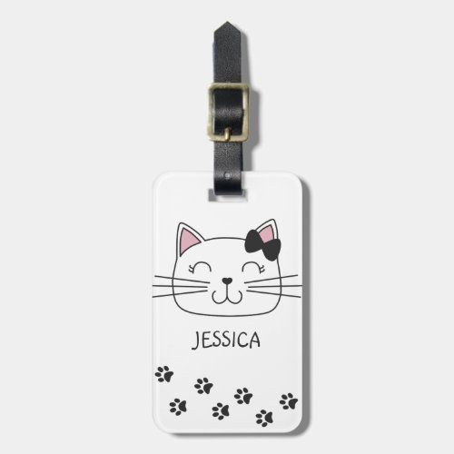 Lovely cartoon cat with paws footprints luggage tag