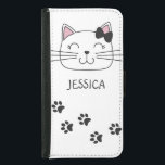 Lovely cartoon cat with paws footprints samsung galaxy s5 wallet case<br><div class="desc">This white phone case features a lovely cartoon kitty with a cute ribbon on her head and some cat paws footprints allover.
Easy customizable by adding your name.</div>