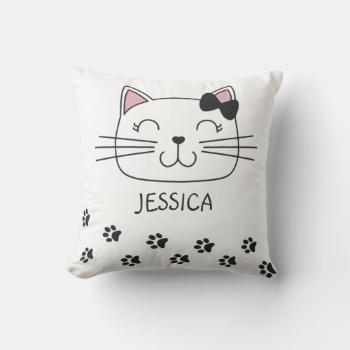 Lovely cartoon cat with paws footprints throw pillow