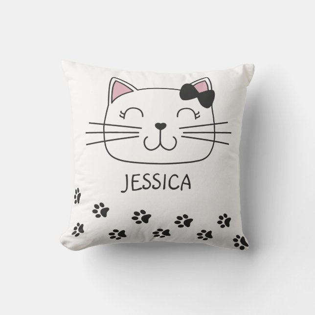 Lovely cartoon cat with paws footprints throw pillow (Front)