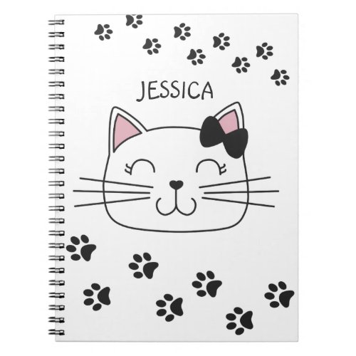 Lovely cartoon cat with paws footprints with name notebook