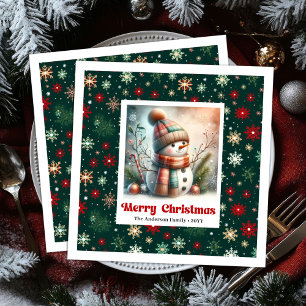 Lovely cartoon snowman with snowflakes kids napkin