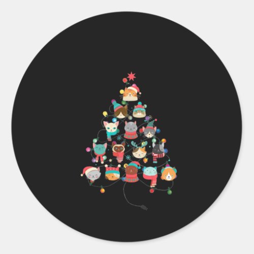 Lovely Cat Christmas Tree Covered By Flashlight Classic Round Sticker