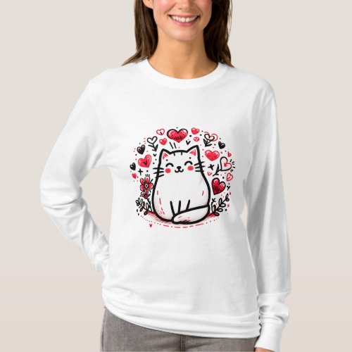 Lovely Cat Drawing Long Sleeve T_Shirt