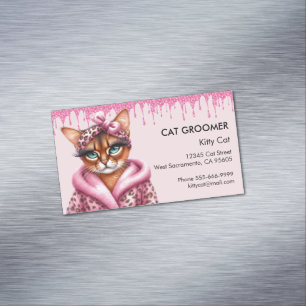 Lovely Cat Groomer Sitter Pink Glitter Dripping Business Card Magnet