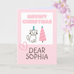 Lovely Cat in a Hat&Tree Happy Christmas Pastel Ca Card