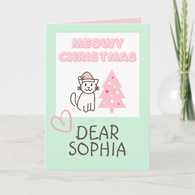 Lovely Cat in a Hat&Tree Happy Christmas Pastel Ca Card (Front)