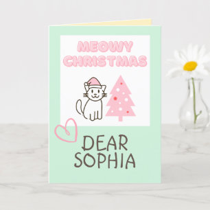Lovely Cat in a Hat&Tree Happy Christmas Pastel Ca Card