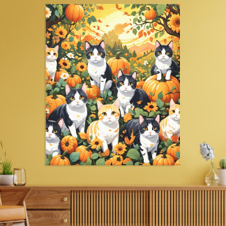 Lovely Cats And Pumpkins In Fall Season Canvas Print