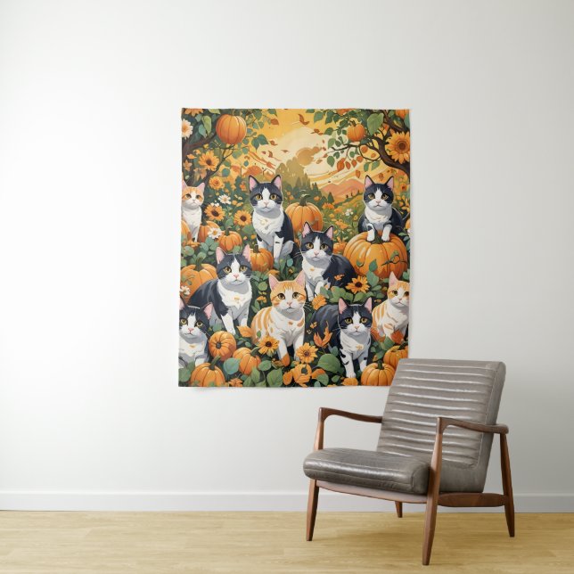 Lovely Cats And Pumpkins In Fall Season Tapestry (In Situ)