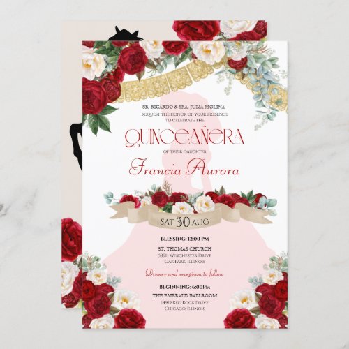 Lovely Charro Elegant Red White Floral Quinceaera Invitation