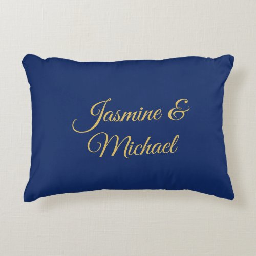 Lovely Chic Calligraphy Couple Names Blue & Gold Accent Pillow