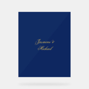Lovely Chic Calligraphy Couple Names Blue & Gold Acrylic Sign