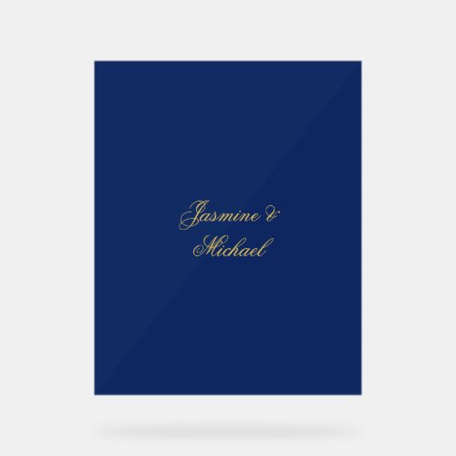 Lovely Chic Calligraphy Couple Names Blue & Gold Acrylic Sign