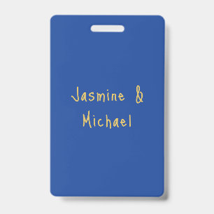 Lovely Chic Calligraphy Couple Names Blue & Gold Badge