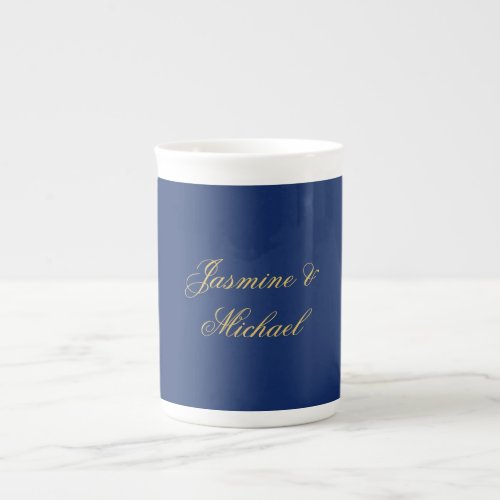 Lovely Chic Calligraphy Couple Names Blue & Gold Bone China Mug