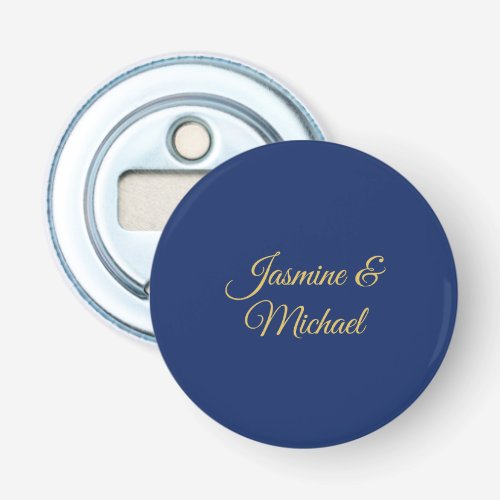 Lovely Chic Calligraphy Couple Names Blue & Gold Bottle Opener