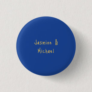 Lovely Chic Calligraphy Couple Names Blue & Gold Button