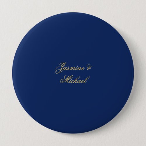 Lovely Chic Calligraphy Couple Names Blue & Gold Button