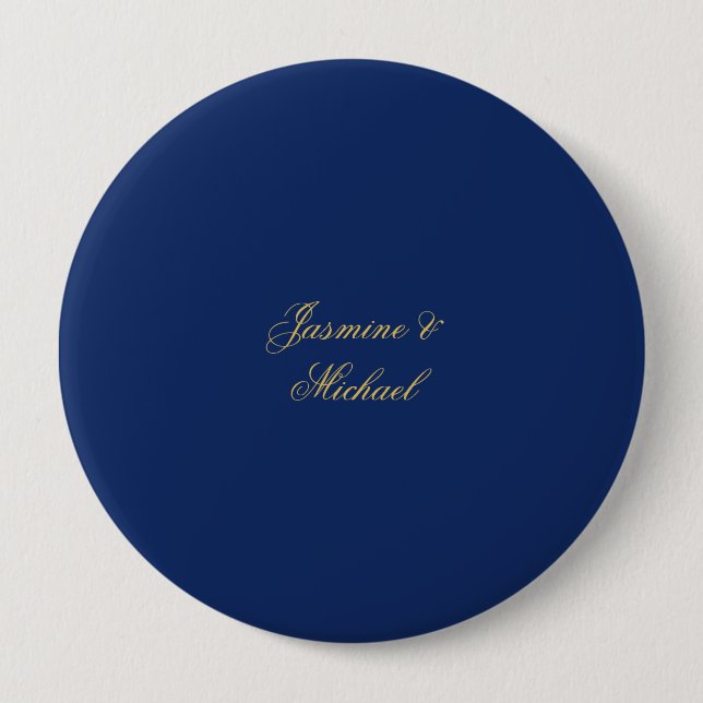 Lovely Chic Calligraphy Couple Names Blue & Gold Button (Front)